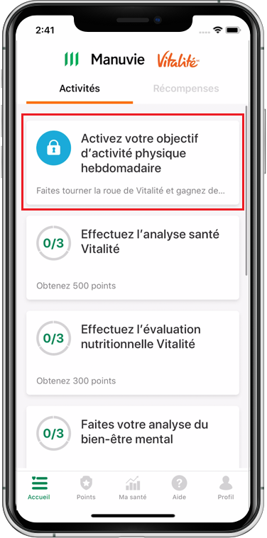 A screenshot of the 'home screen' from the Manulife Vitality Group Benefits app, showing the app section named, 'Activate your weekly physical activity target'