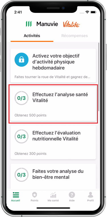 A screenshot of the 'home screen' from the Manulife Vitality Group Benefits app, showing the app section named, 'Take the Vitality Health Review'