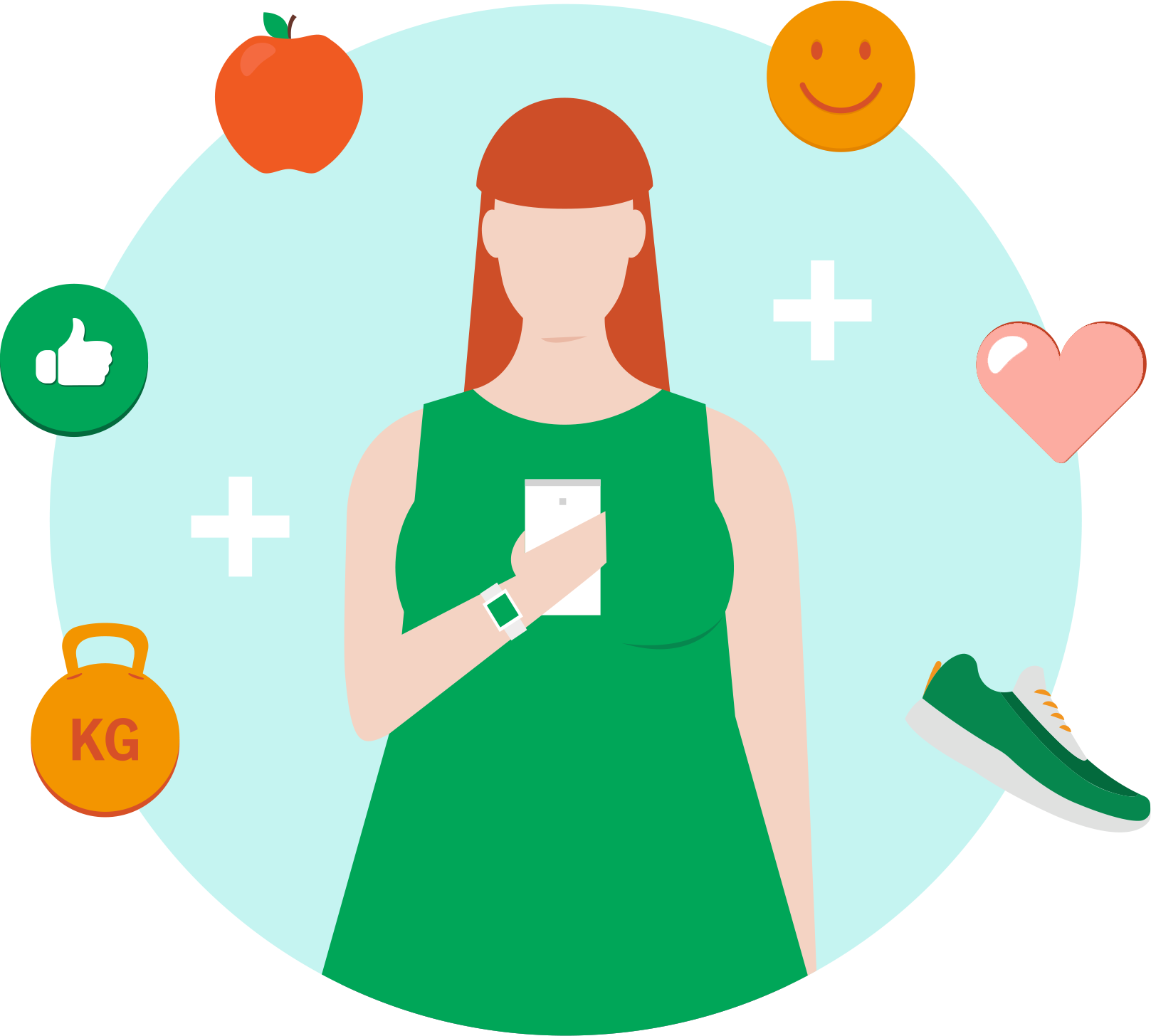 Image d’une personne tenant un cellulaire et entourée d’icônes représentant un poids, un pouce levé, une pomme, une émoticône, un cœur et des chaussures de sport.
